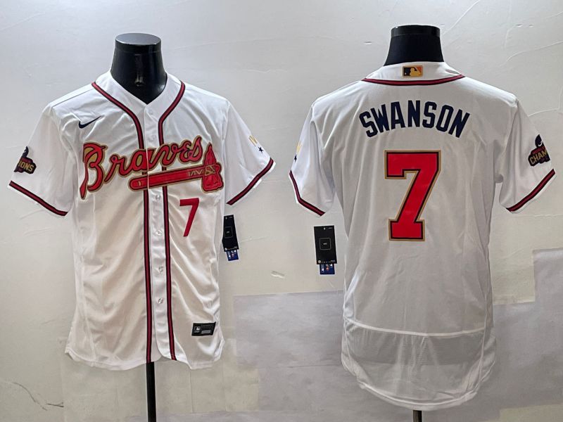 Men Atlanta Braves 7 Swanson White Gold Elite 2025 Nike MLB Jersey style 3